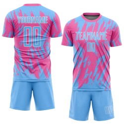 Maillot de football personnalisé rose bleu clair et blanc par sublimation