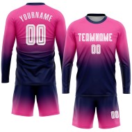 Maillot de football personnalisé à manches longues, rose, blanc et bleu marine, imprimé par sublimation