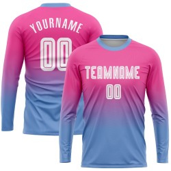 Maillot de football personnalisé à manches longues, rose, blanc et bleu clair, imprimé par sublimation