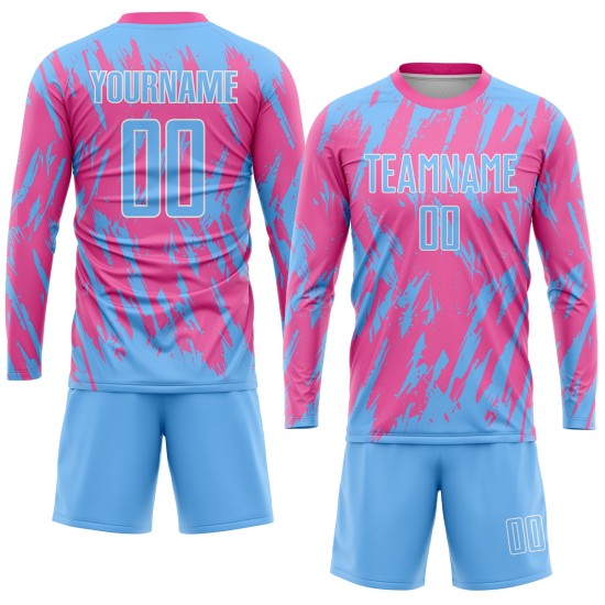 Maillot de football personnalisé rose bleu clair et blanc par sublimation