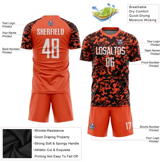 Maillot de football personnalisé par sublimation orange, blanc et noir